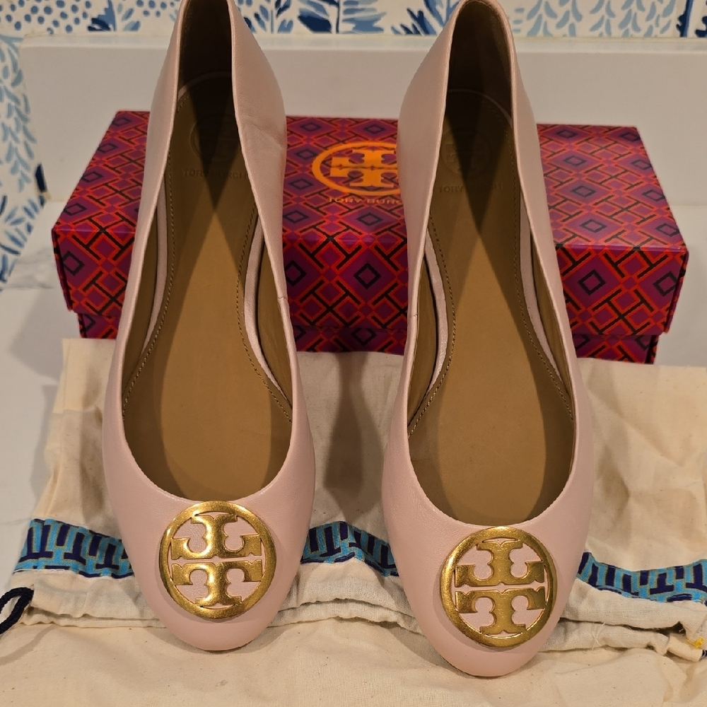Tory Burch Pink and Gold Ballet Flats with Iconic Medallion